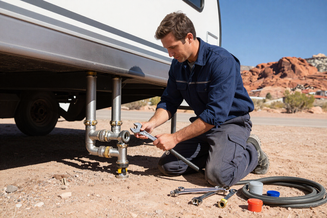 Man kneels beside an RV, tightening a gas line connection in a desert campsite.
