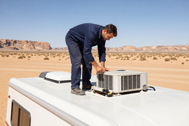 RV HVAC service on a travel trailer roof.