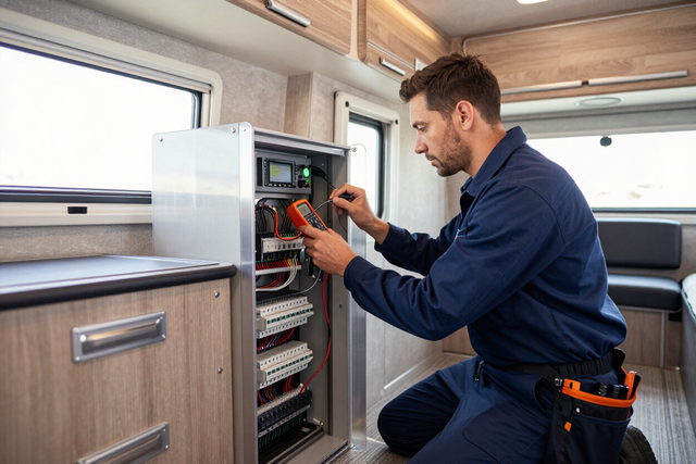 RV plumbing repair under a travel trailer.