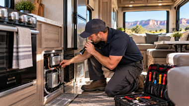 Man kneels by a silver RV oven, repairing it in a compact kitchen with mountains visible outside.