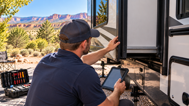 Person using a tablet to inspect an RV exterior in a desert campsite with red rock mountains in the background