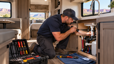 Technician kneels inside an RV, using tools to repair plumbing or electrical components.