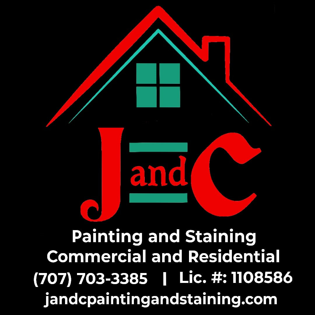 Logo for J and C Painting and Staining with house outline, red and green letters, and contact information.