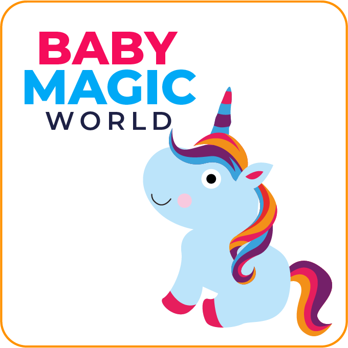 Un logotipo de Baby Magic World con un unicornio.