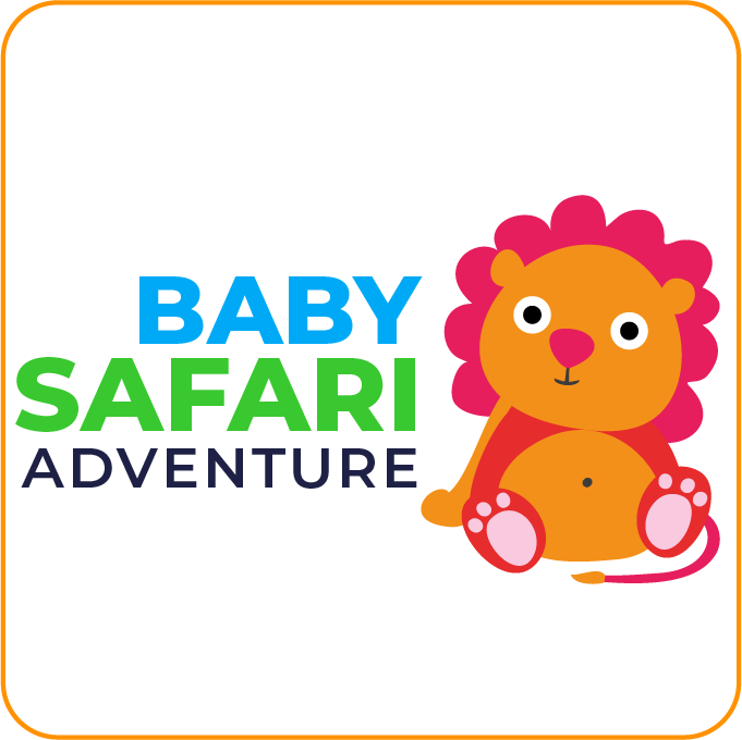 Un logotipo de aventura de safari para bebés con un león en él.