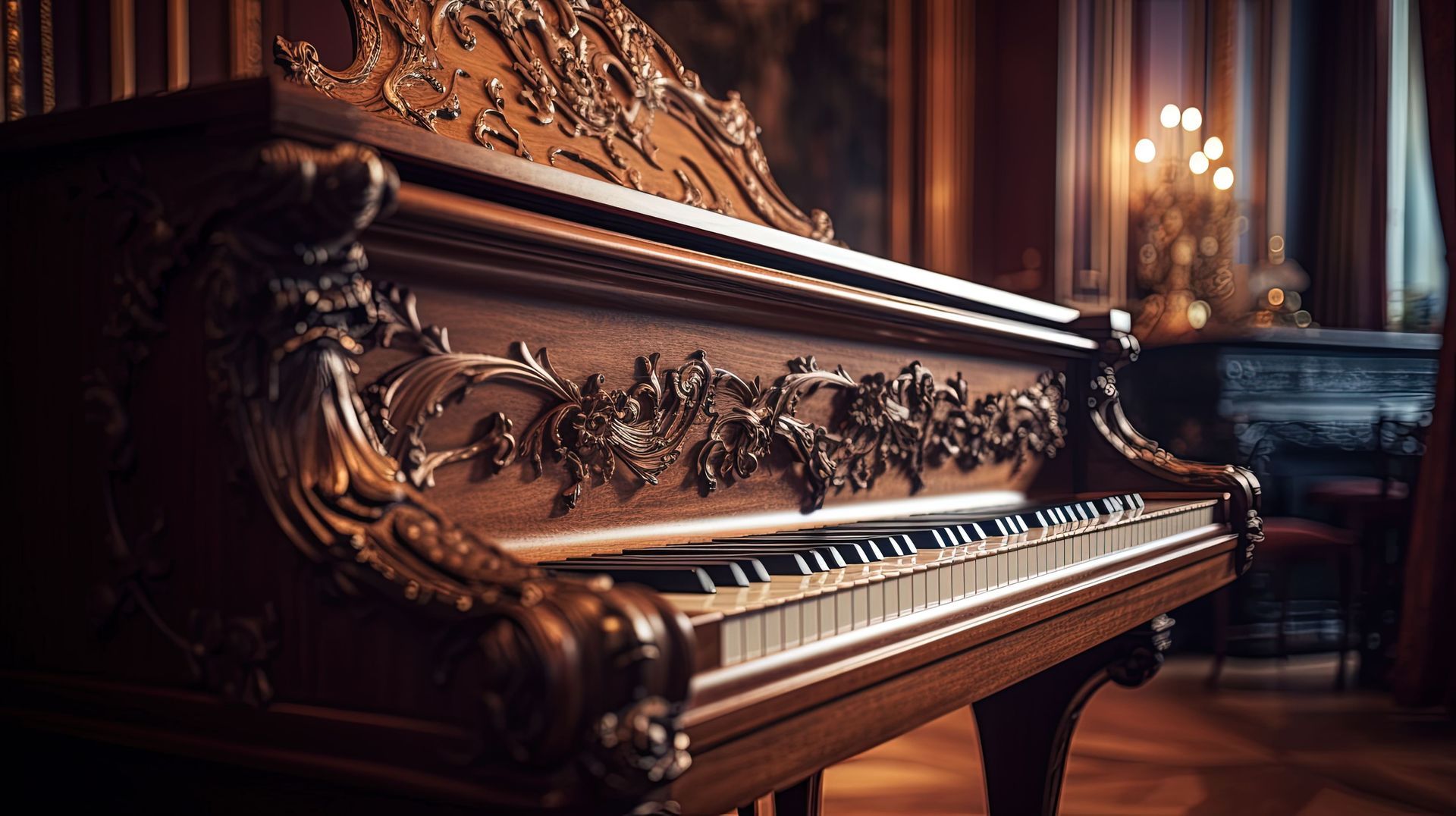 Close-up of a luxury grand piano in a baroque interior, showcasing piano case restoration.