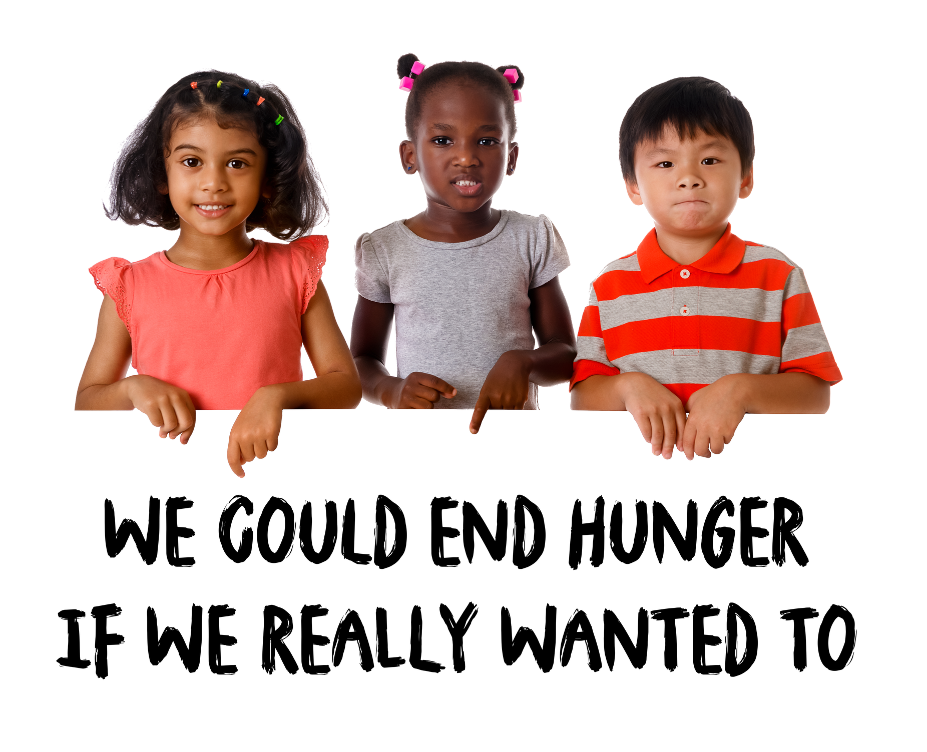 Three diverse children holding a sign with text: 