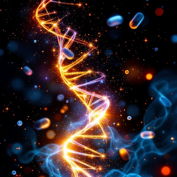 A glowing dna structure with a dark background