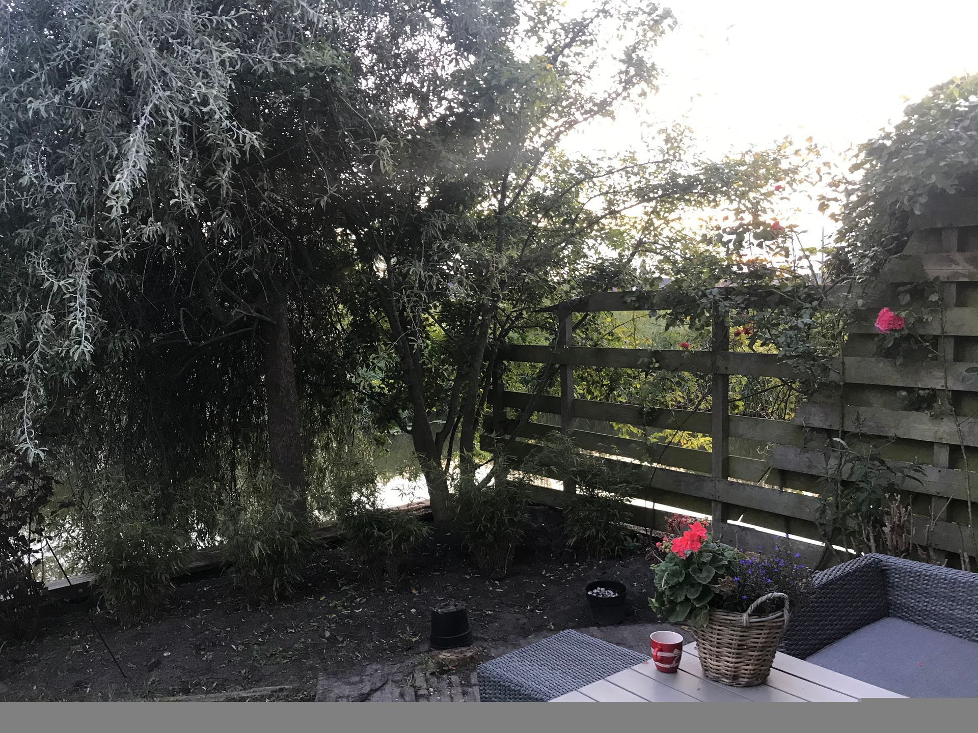 Een terrashoekje met tuinmeubilair, een roze bloem in een pot en een houten schutting met uitzicht op bomen en water bij zonsondergang.