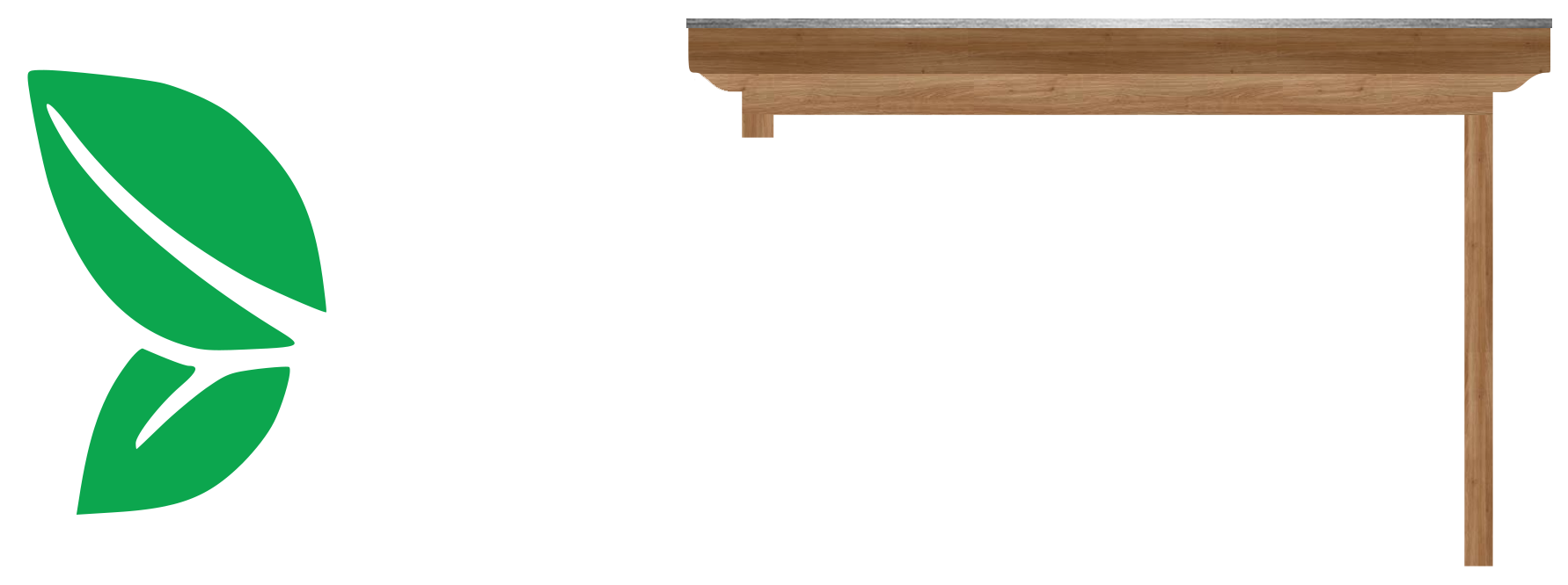 Een groen icoon met twee bladeren naast een eenvoudig, bruin houten tafelblad met één poot.