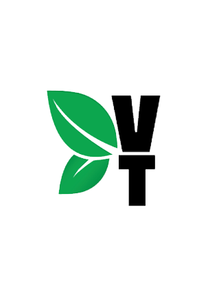 Een logo met twee groene, overlappende bladeren links van de zwarte letters