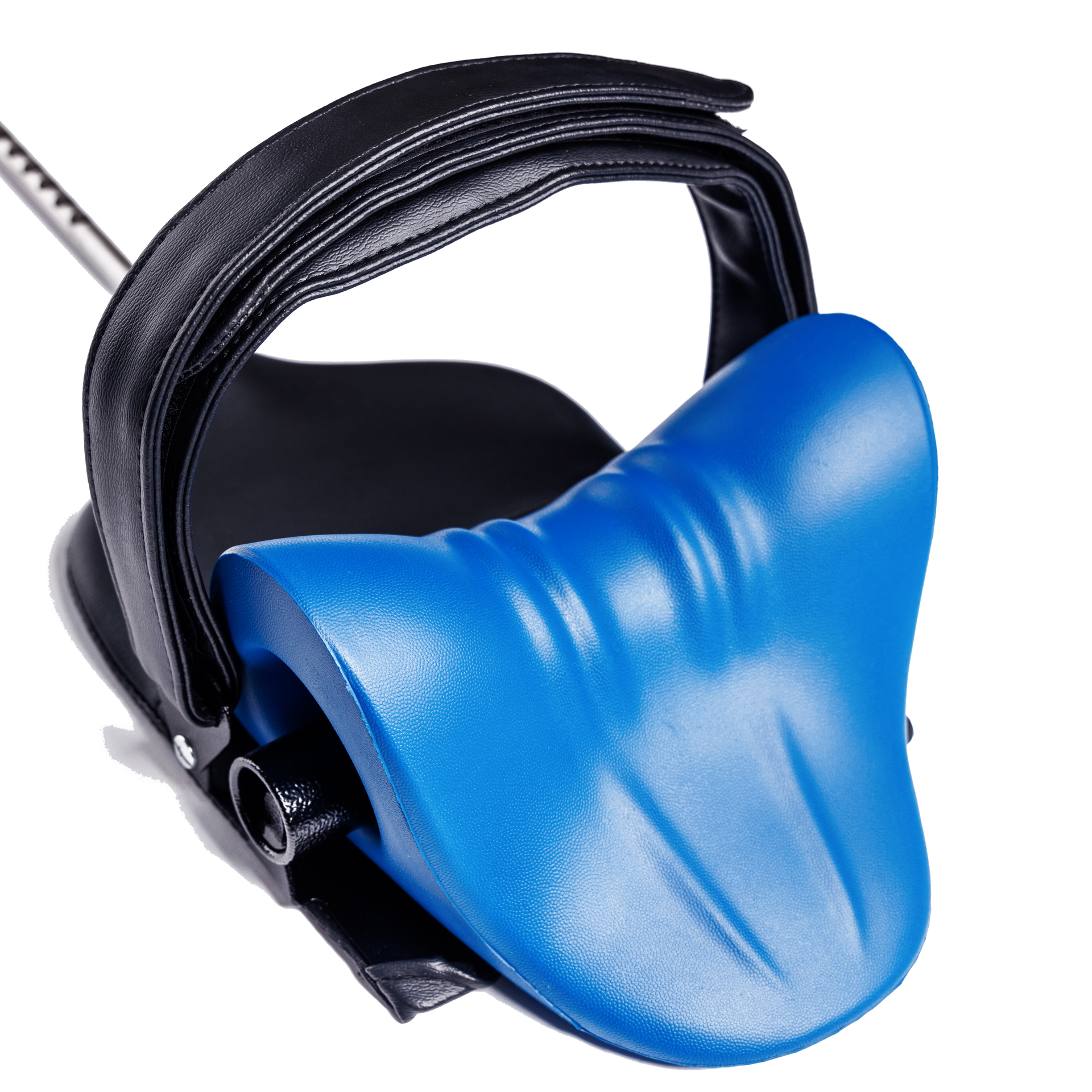 A blue pillow with a black handle on a white background