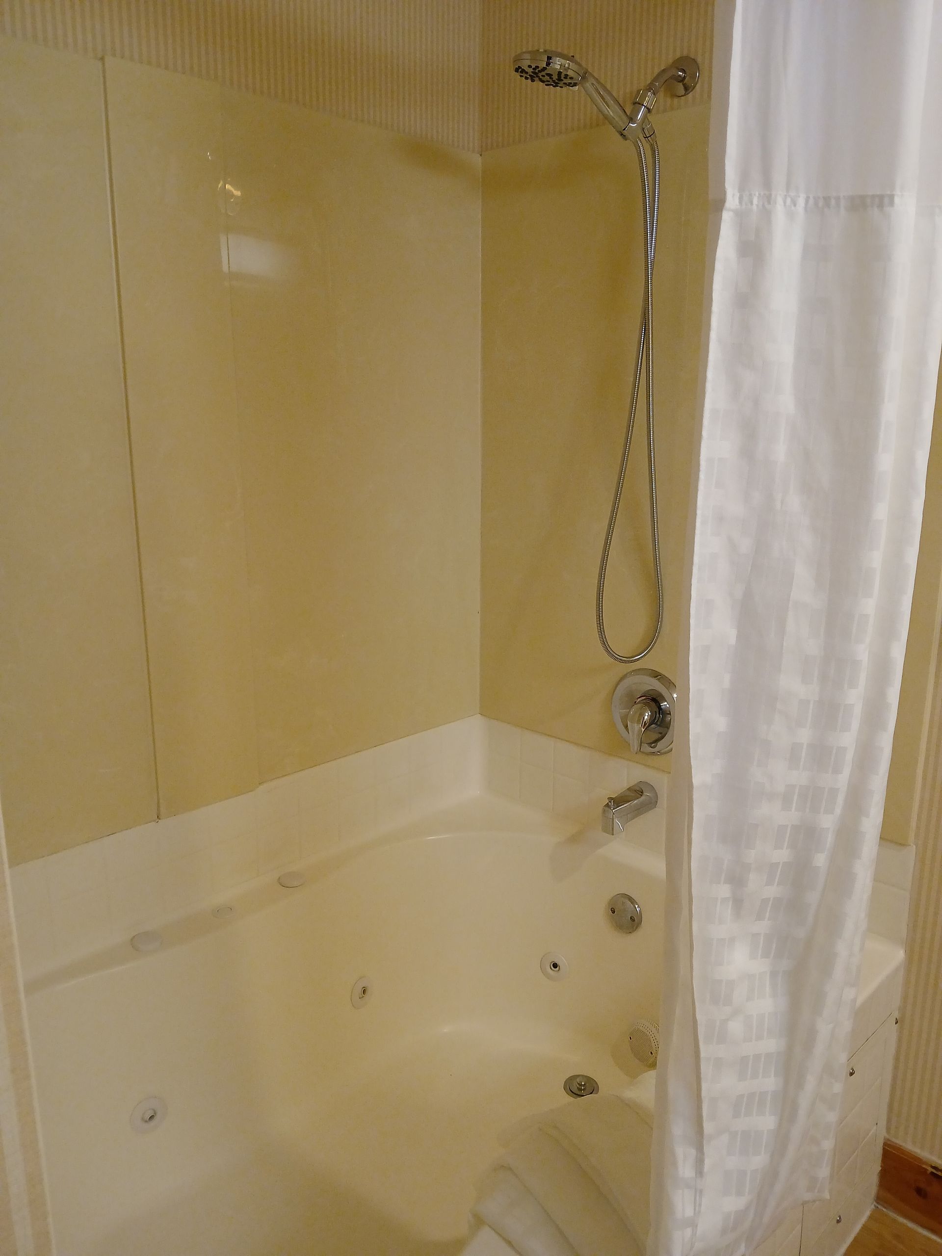 A bathroom with a jacuzzi tub and a shower head