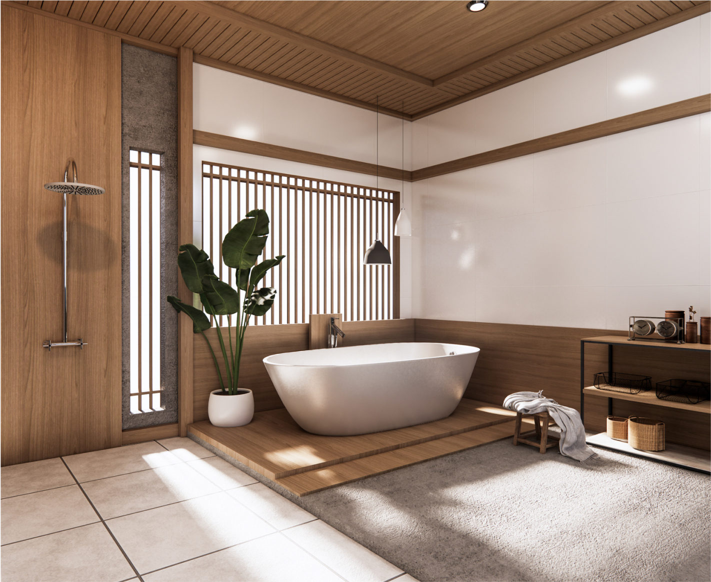 A bathroom with a tub and a plant in it.