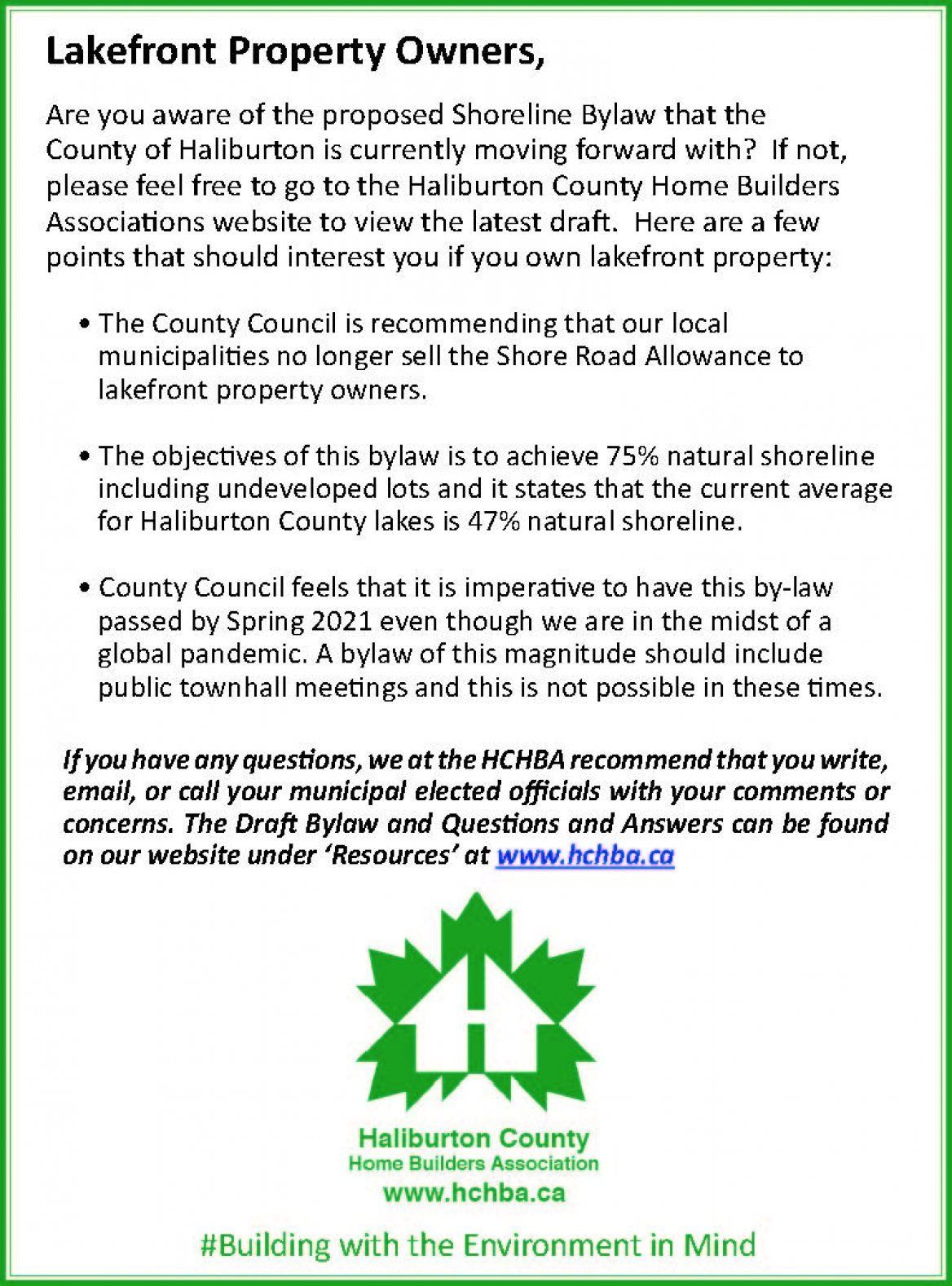 A white paper with a green leaf on it is titled lakefront property owners.