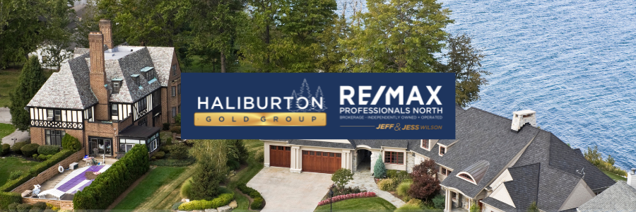 Real estate advertisement with two waterfront homes and a 