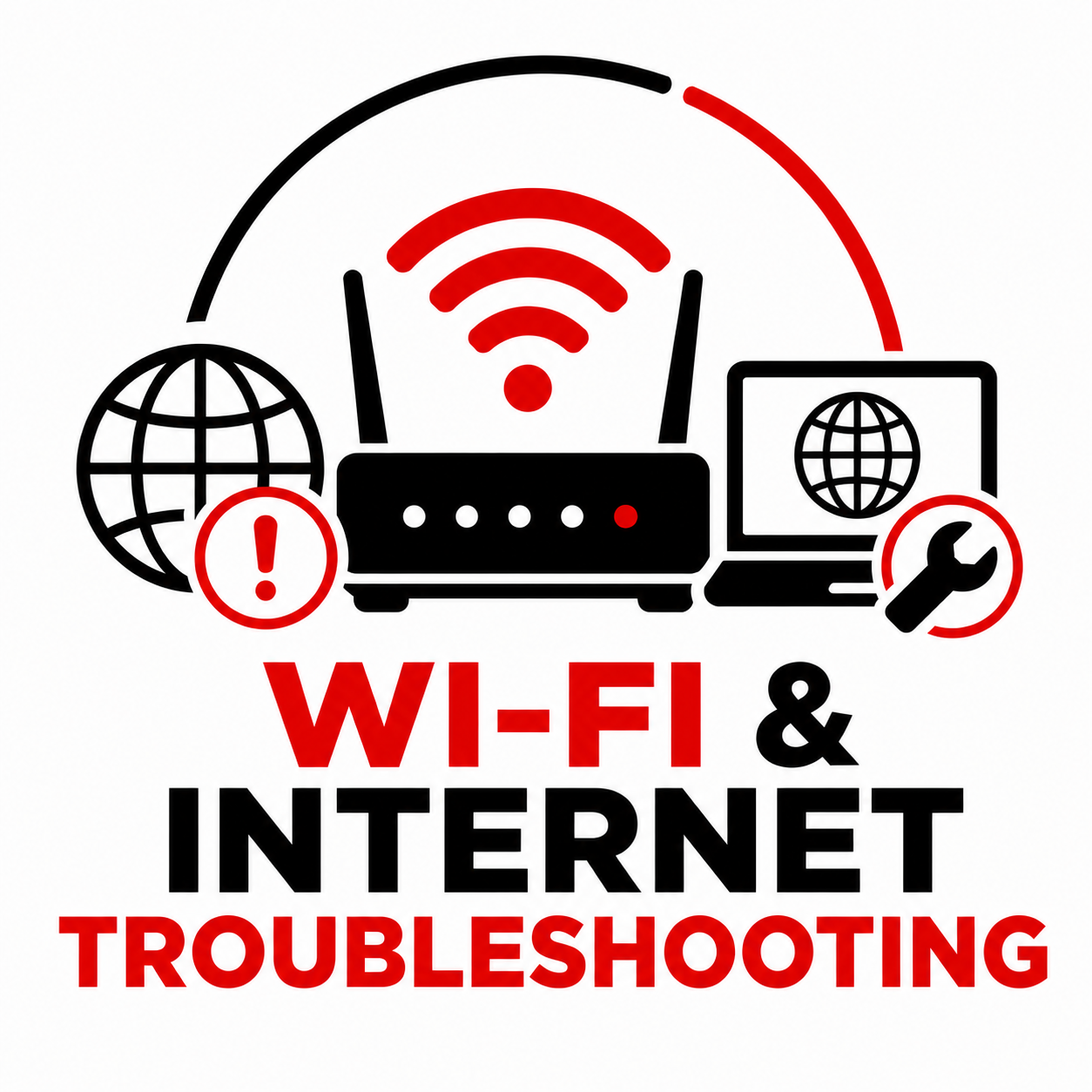 Wi-Fi and internet troubleshooting graphic with router, devices, warning icons, and red signal symbols