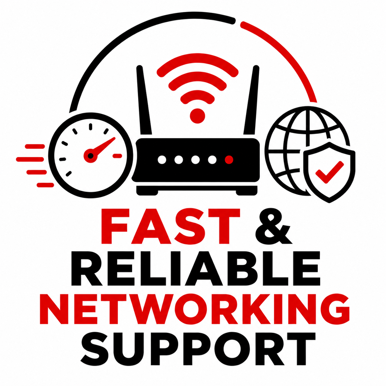 Fast & reliable networking support logo with router, Wi‑Fi, speedometer, and globe icons