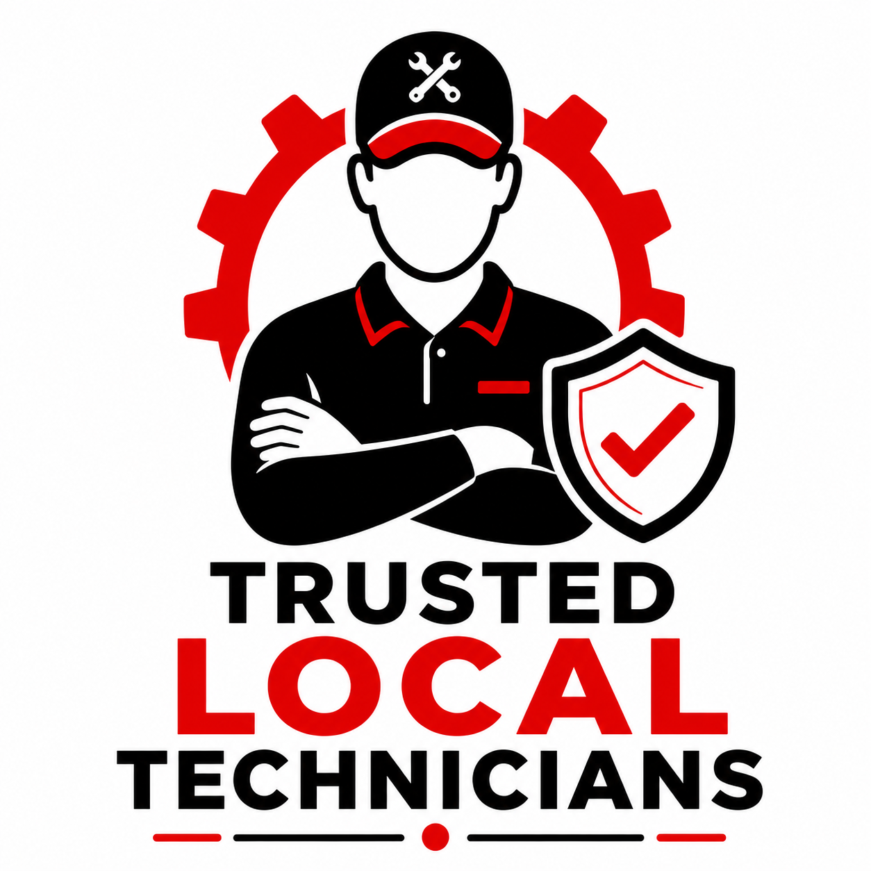 Trusted local technicians logo with black-and-red technician icon and shield checkmark
