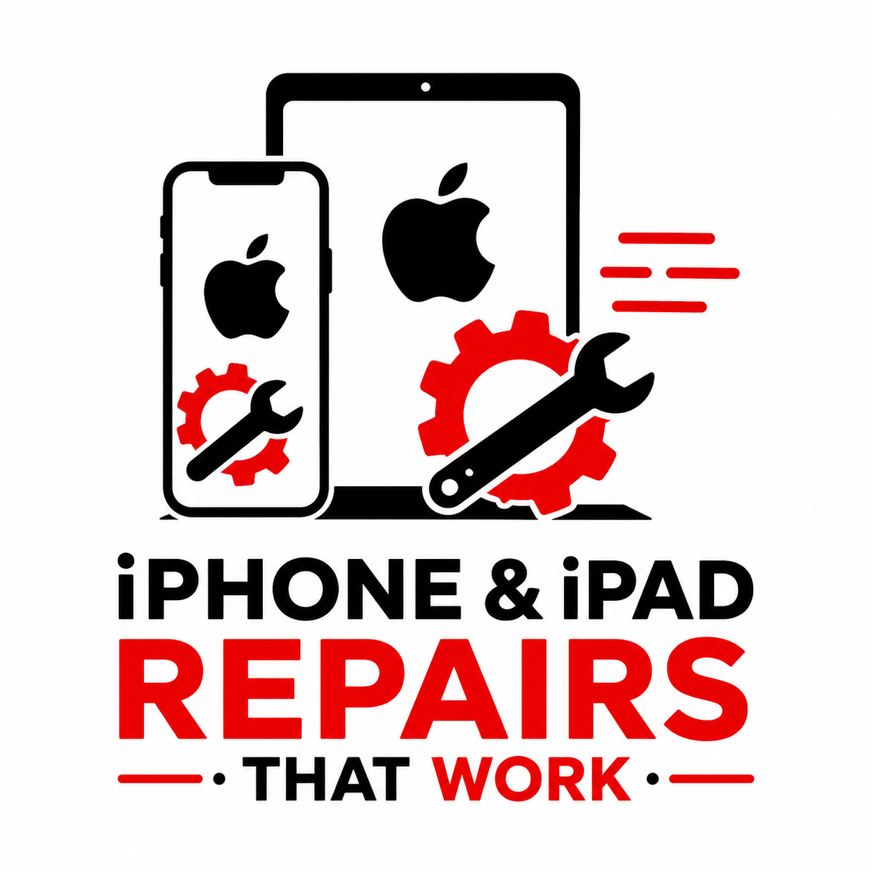 Logo for iPhone and iPad repairs with black devices, red gears, and wrench; text says “REPAIRS THAT WORK”