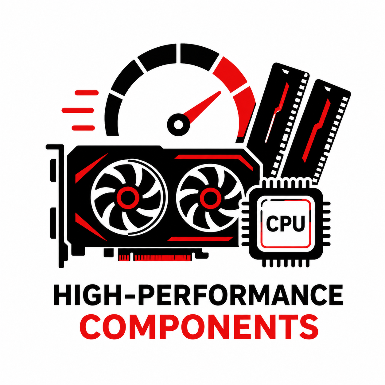 High-performance computer components: graphics card, CPU chip, RAM sticks, and speedometer icon in black, red, and white