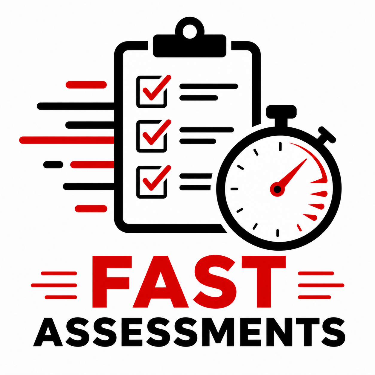 Logo with clipboard checklist and stopwatch above red and black text reading Fast Assessments