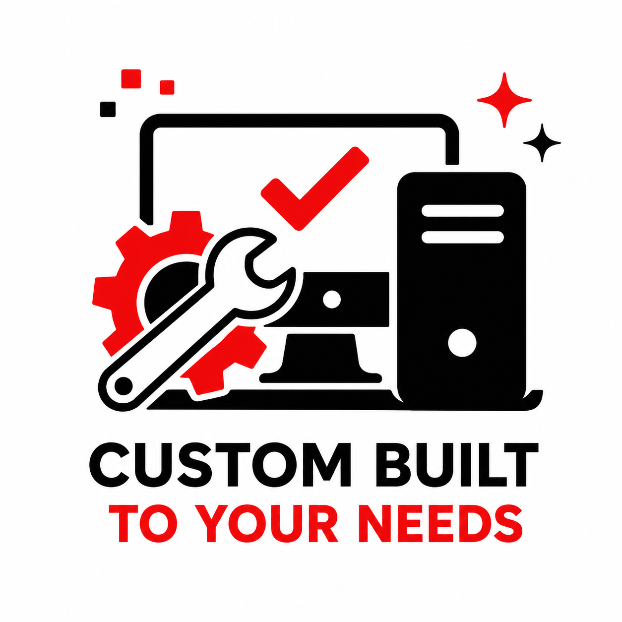 Custom-built service logo with monitor, wrench, gear, and checkmark in black, red, and white