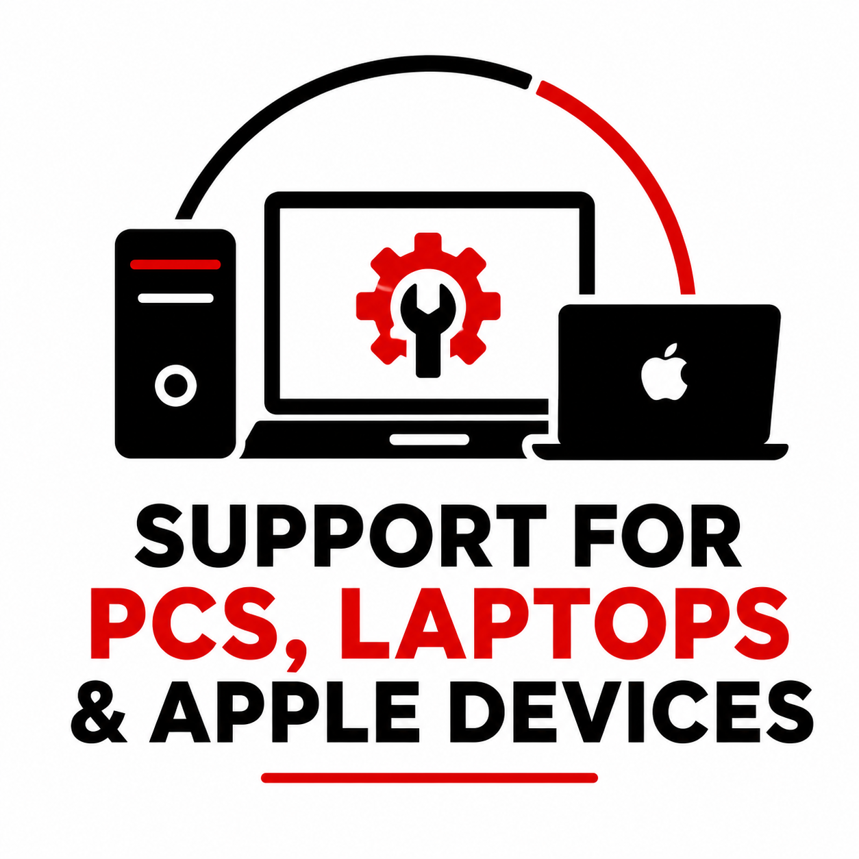 Support for PCs, laptops and Apple devices with icons of a desktop, laptop and repair tools