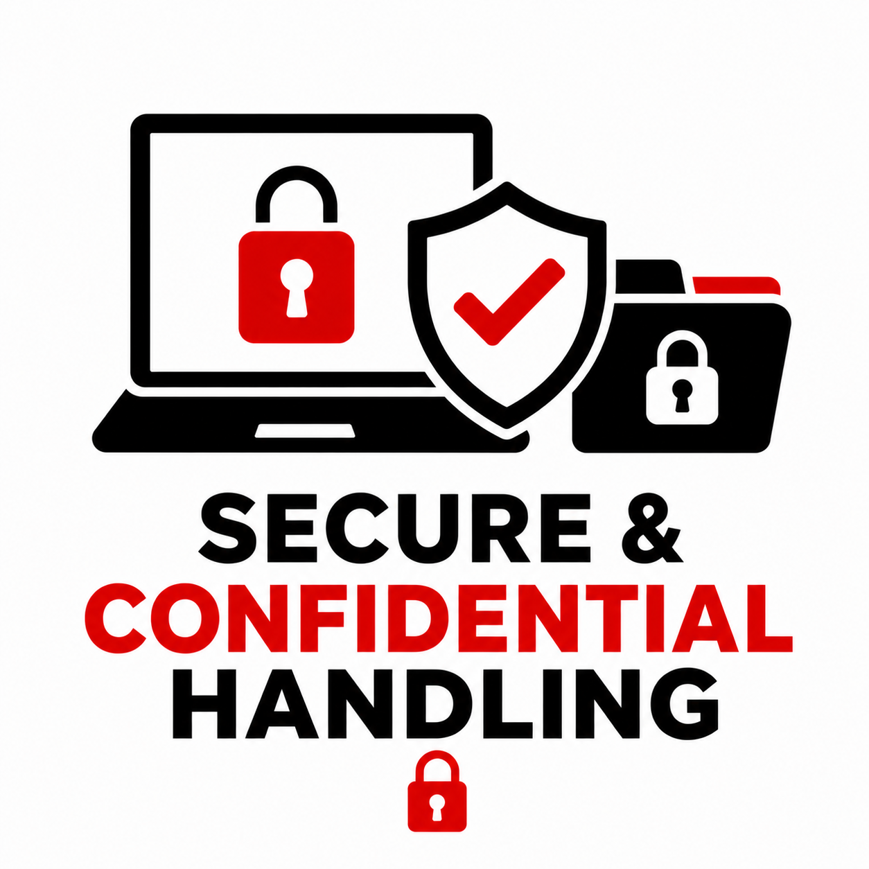 Secure and confidential handling icon with laptop, shield, and locked folder in black and red