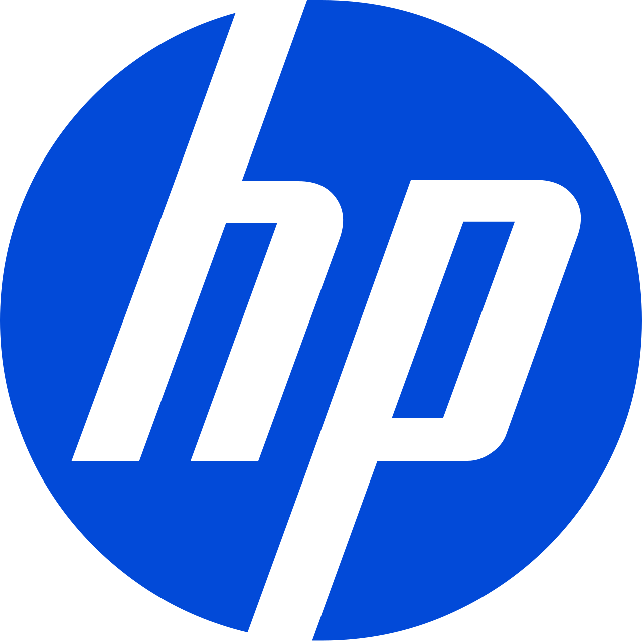 HP logo in white lowercase letters on a blue circular background