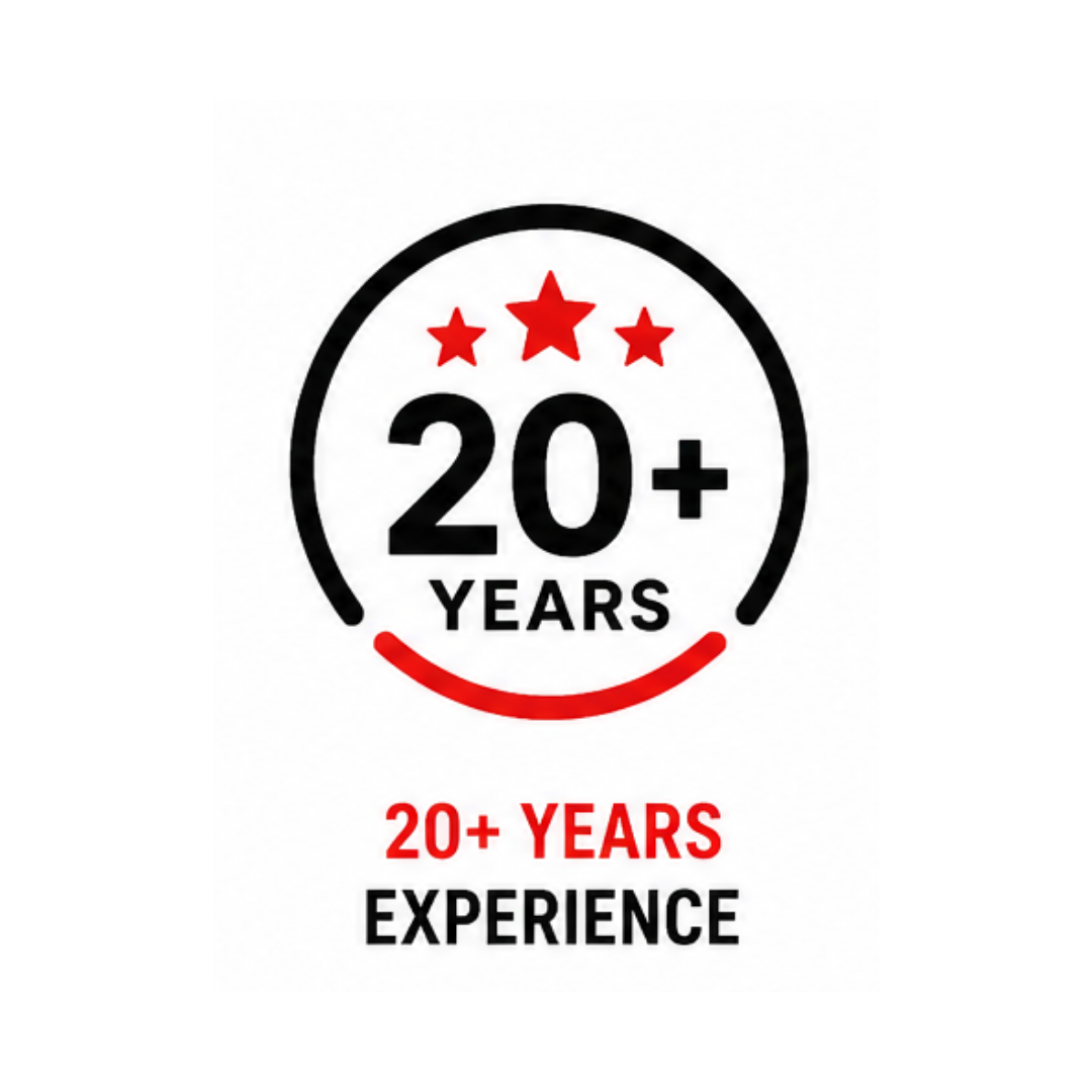 20+ years experience badge with red and black stars and text