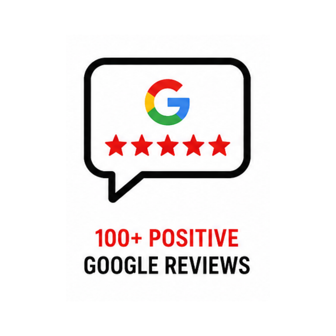 Google review badge with five red stars and “100+ POSITIVE GOOGLE REVIEWS” text