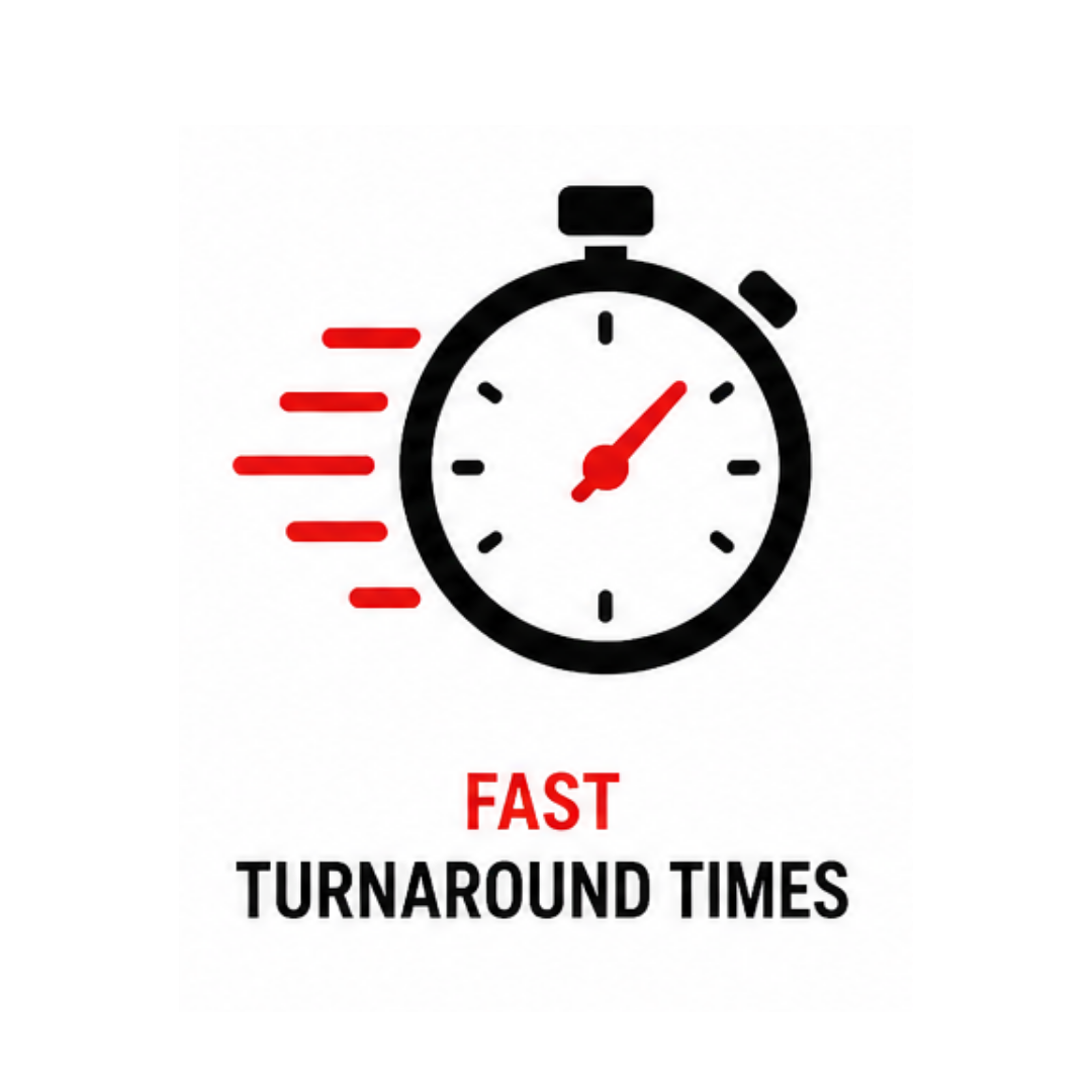 Stopwatch with red motion lines and text “FAST TURNAROUND TIMES”