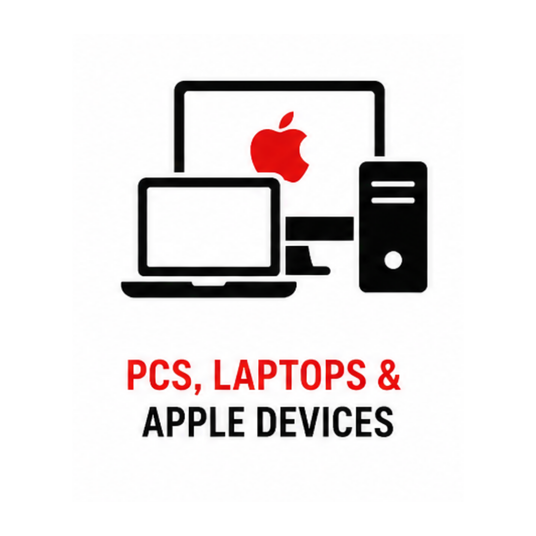Logo for PCs, laptops and Apple devices with black icons and a red Apple symbol