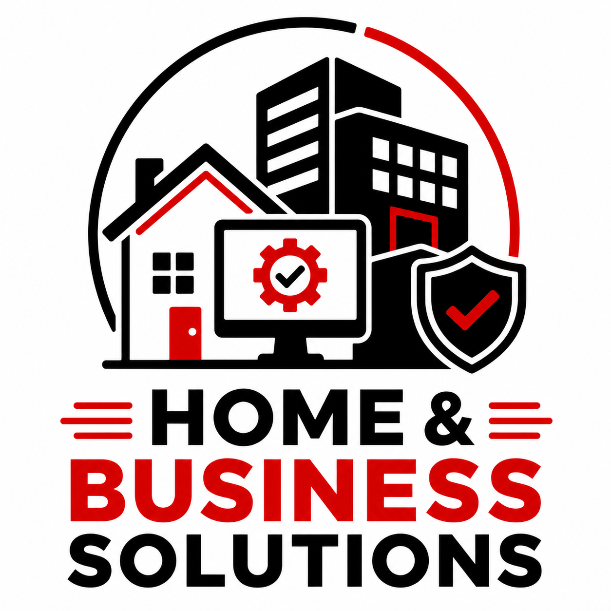 Logo for home and business solutions with house, office buildings, shield, and red-black text