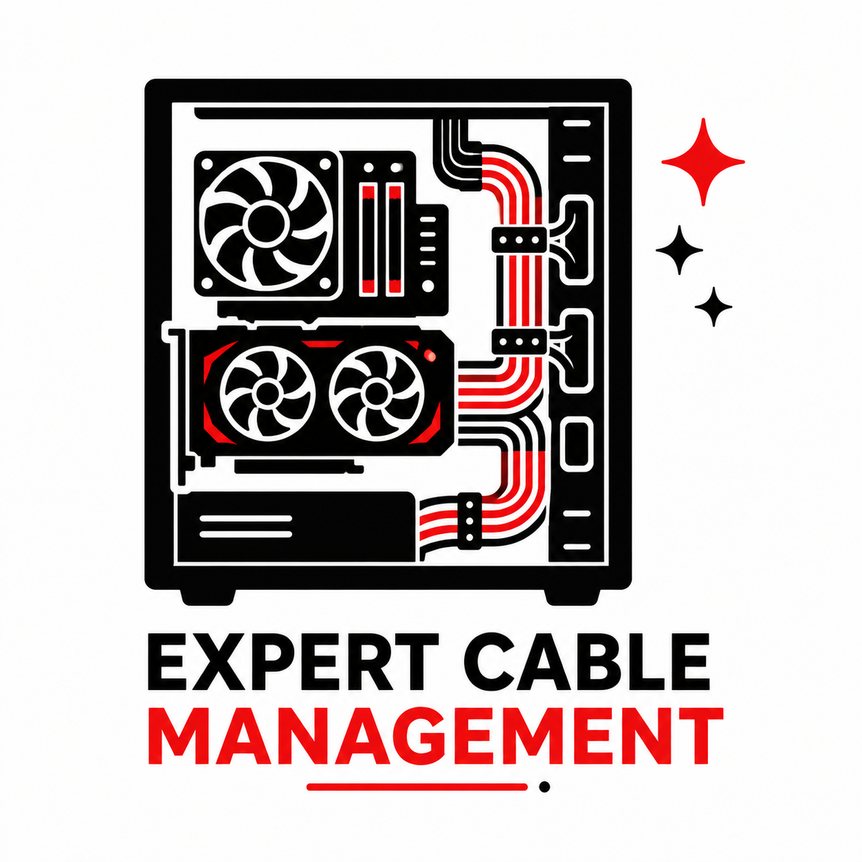 Stylized computer tower with tidy red and black cable routing, labeled “Expert Cable Management”
