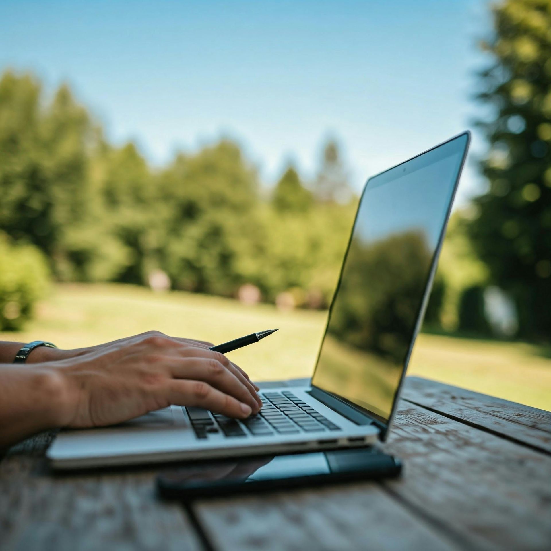 Hands typing on a laptop outdoors beside a pen and smartphone, with green trees in the background