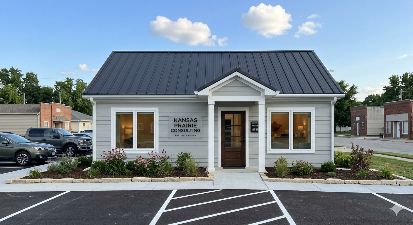 Small gray office building with dark roof, front door, windows, and parking lot spaces in front