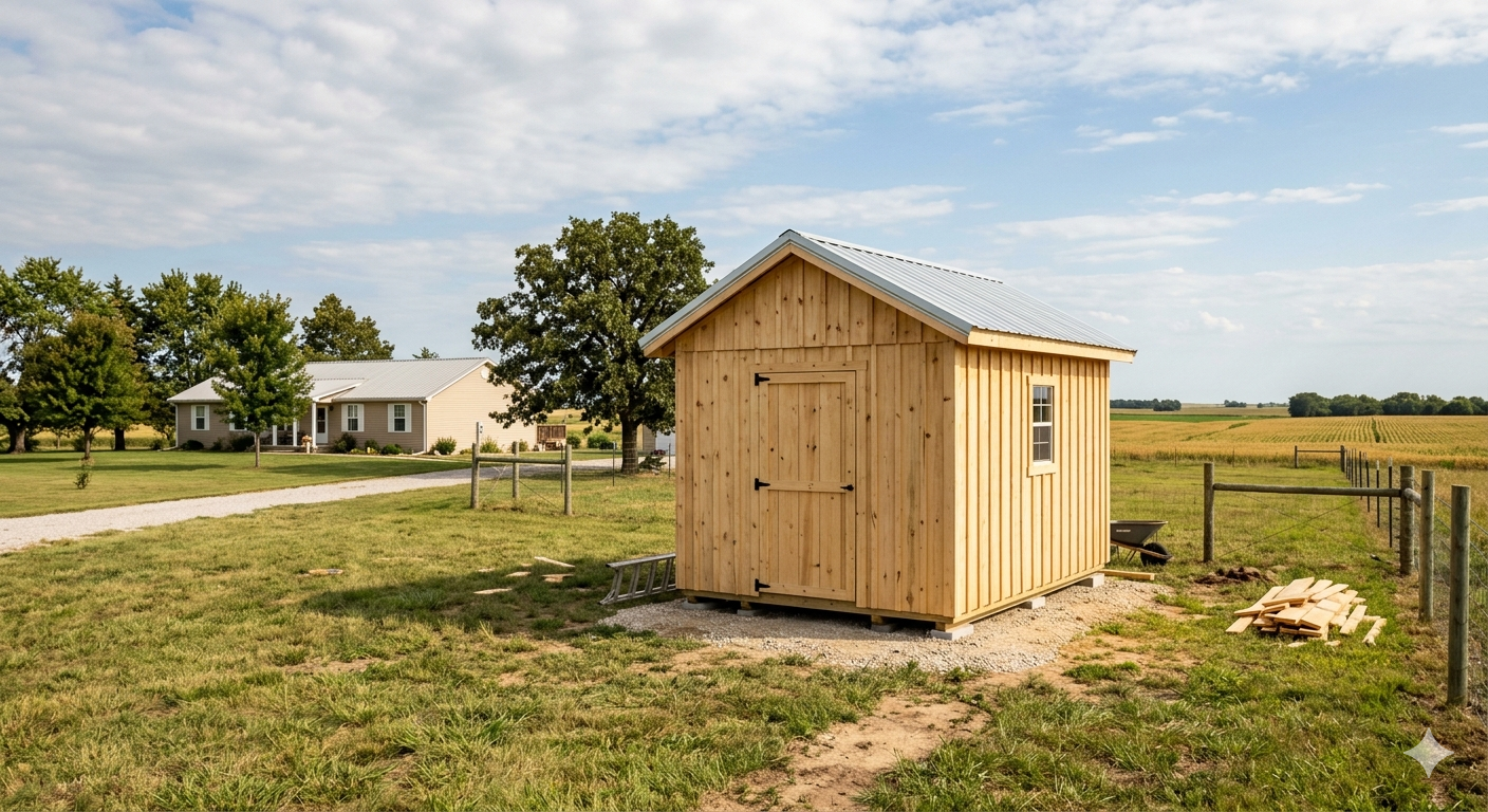 Small tan wooden shed with double doors in a grassy field near a house under a partly cloudy sky