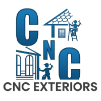 CNC Exteriors logo with blue letters, house roof, window, and worker illustration