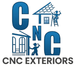 CNC Exteriors logo with blue letters, house roof icons, and workers on ladders painting siding