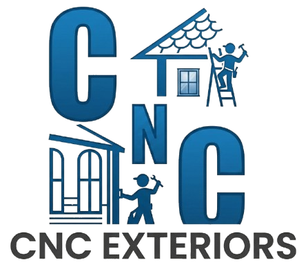 CNC Exteriors logo with blue letters, house roof icons, and workers on ladders painting siding