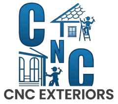 CNC Exteriors logo with blue letters, house roof icons, and workers on ladders painting siding