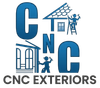 CNC Exteriors logo with blue letters, house roof icons, and workers on ladders painting siding