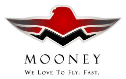 A logo for mooney that says we love to fly fast