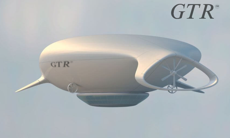 A gtr airship is flying in the sky