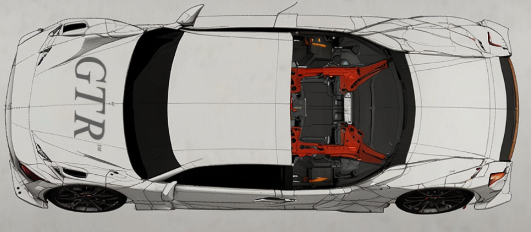 An aerial view of a white car with a red frame on the roof.