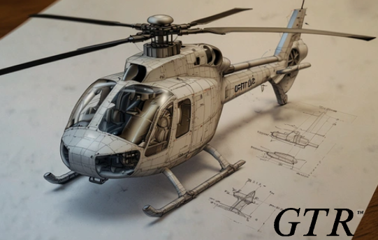 A model of a helicopter is on a piece of paper that says gtr