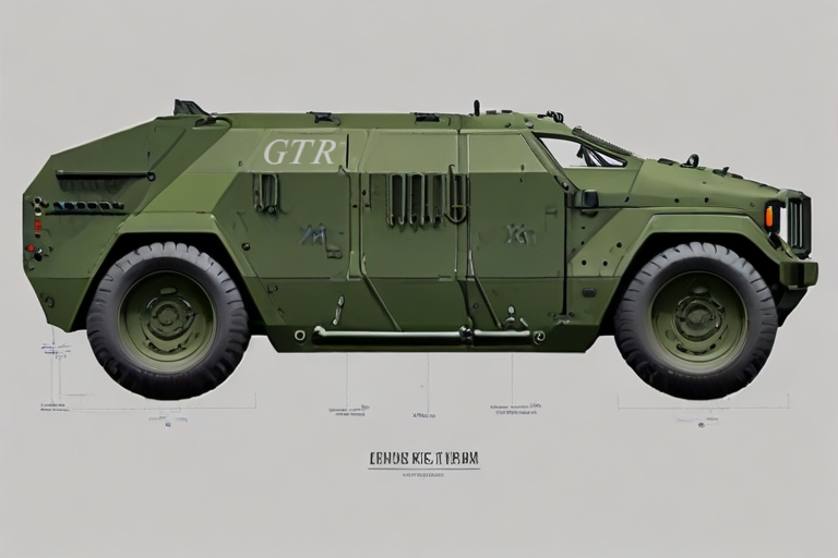 A green military vehicle with the word gtr on the side