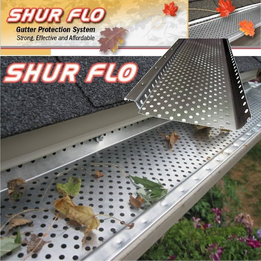 Perforated aluminum Shur Flo gutter guards filtering leaves and debris from a roofline in St. Charles County.